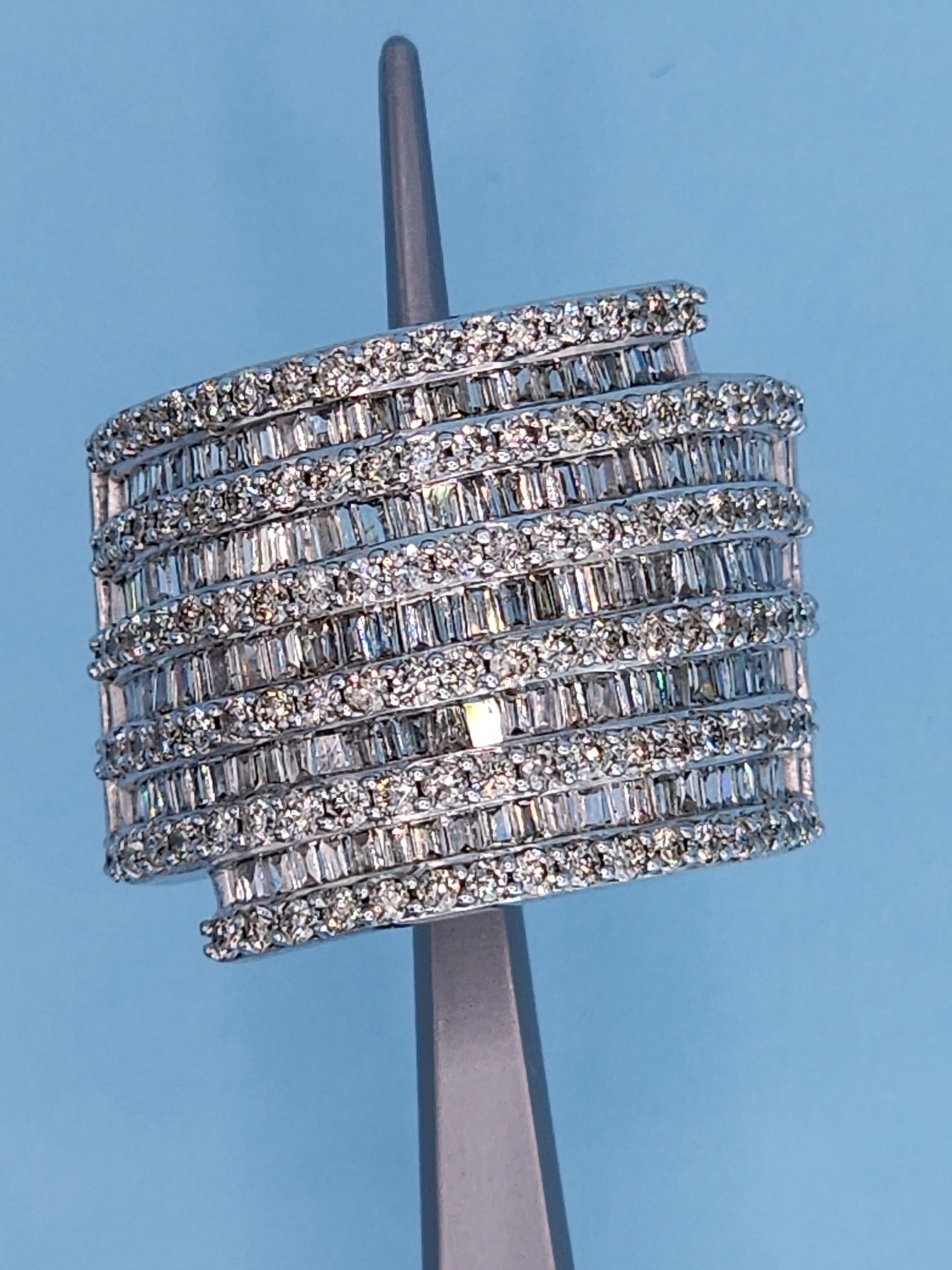 10k White Gold Wide Band Ring with 2 Carats of Baguette and Round Diamonds Front Close Up