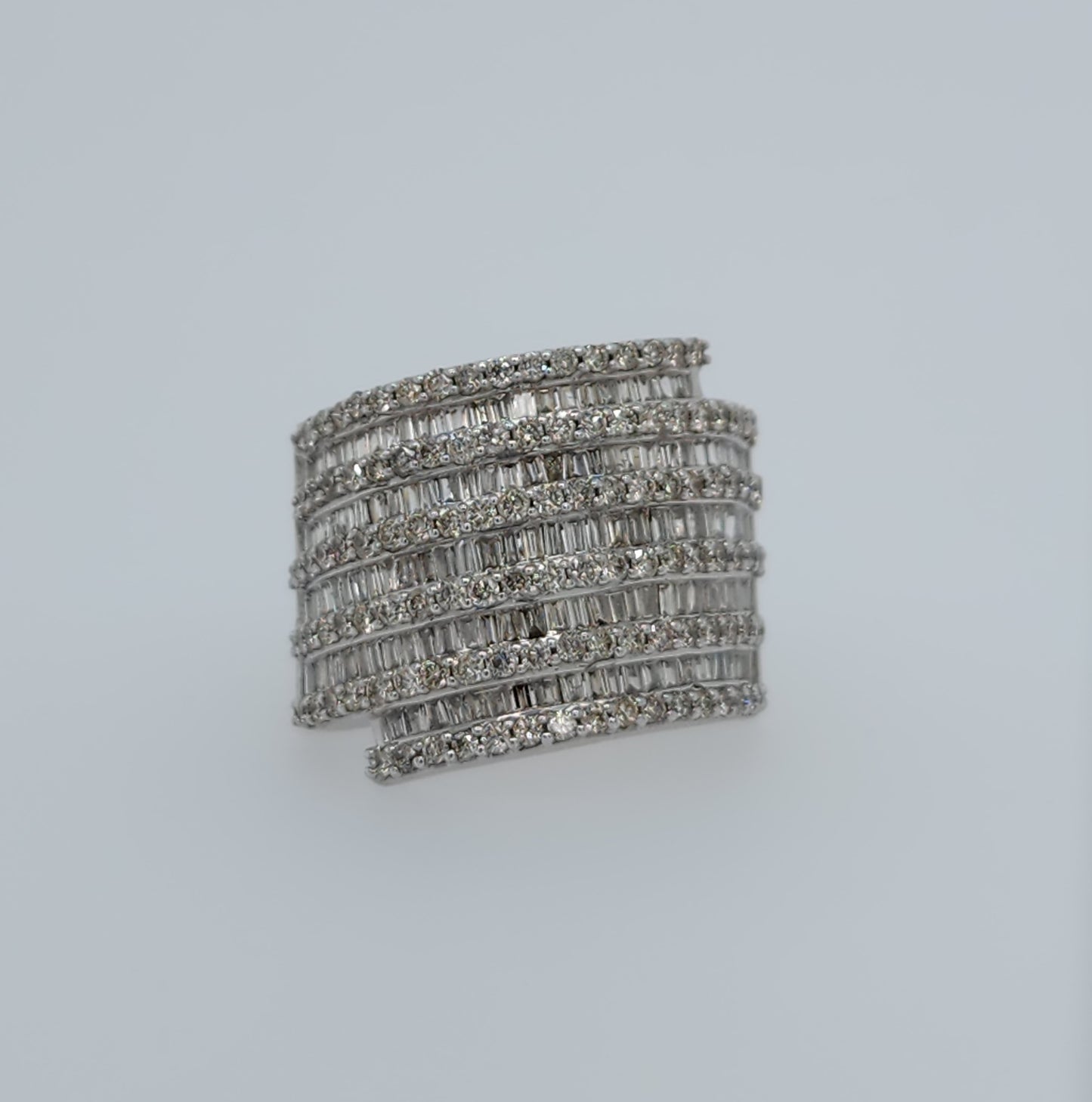 10k White Gold Wide Band Ring with 2 Carats of Baguette and Round Diamonds Front