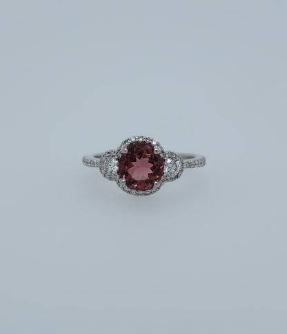 18k White Gold 1.19 ct Round Brilliant Pink Tourmaline Three-Stone Halo Ring with Diamond Accents