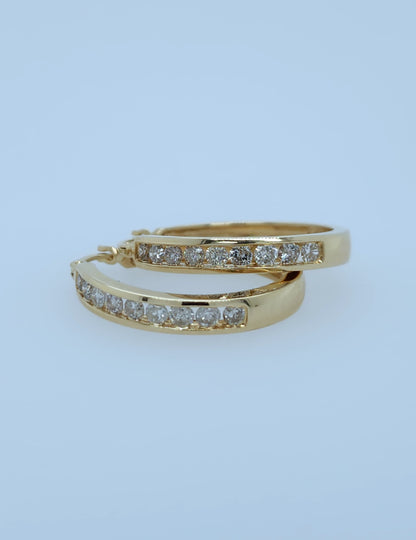 14k Yellow Gold Diamond Hoop Earrings - 1 Carat TW Channel Set, 1-Inch Diameter