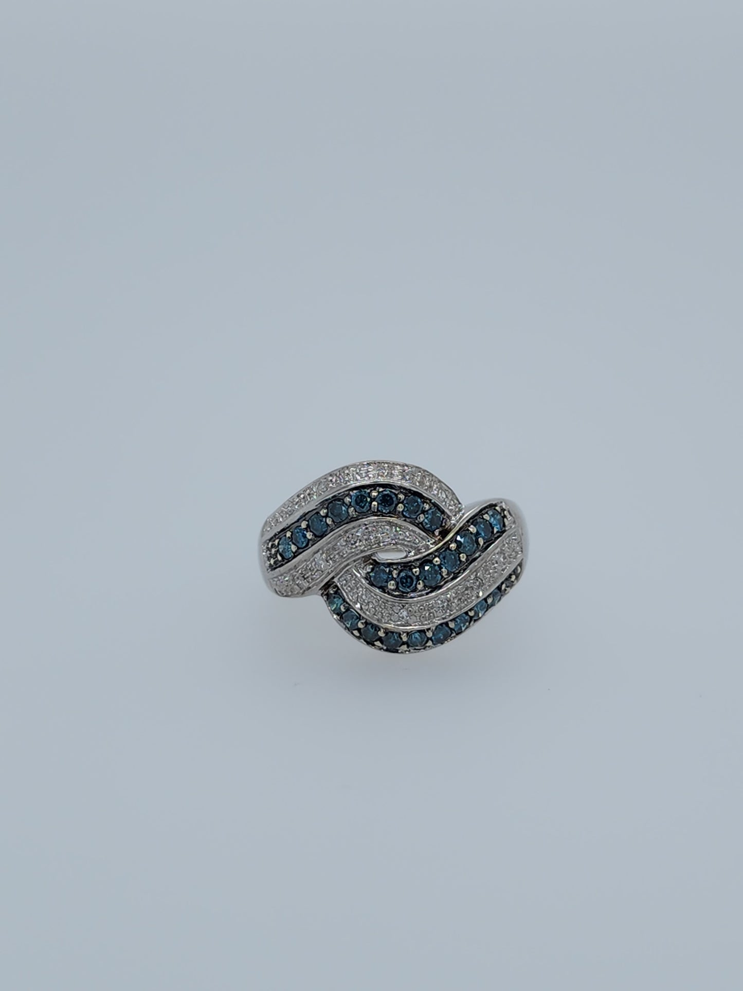 14k White Gold Swirl Interlocking Waves Ring with Blue and White Diamonds - 0.50 Carat Total Weight, Size 7