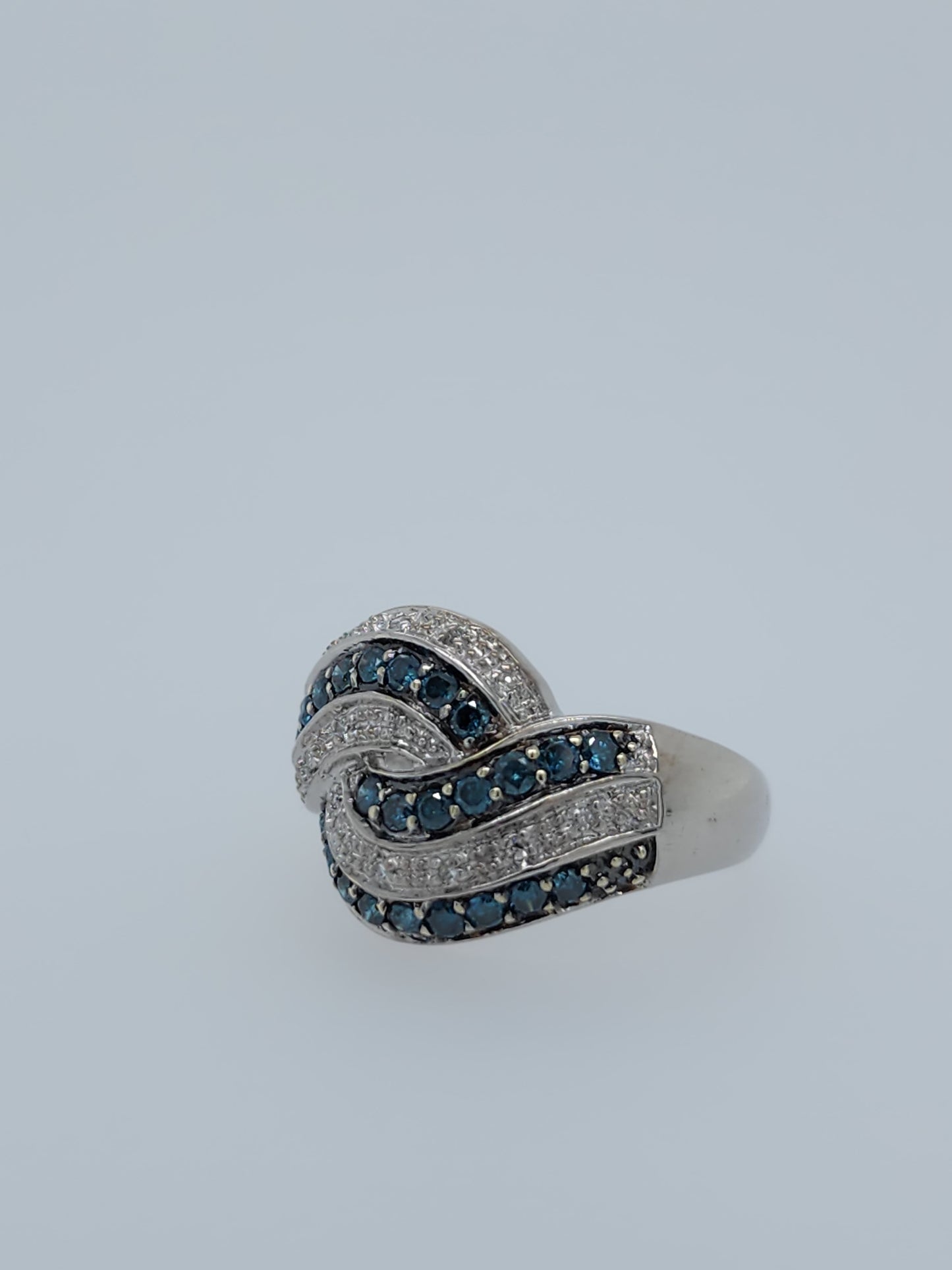 14k White Gold Swirl Interlocking Waves Ring with Blue and White Diamonds - 0.50 Carat Total Weight, Size 7