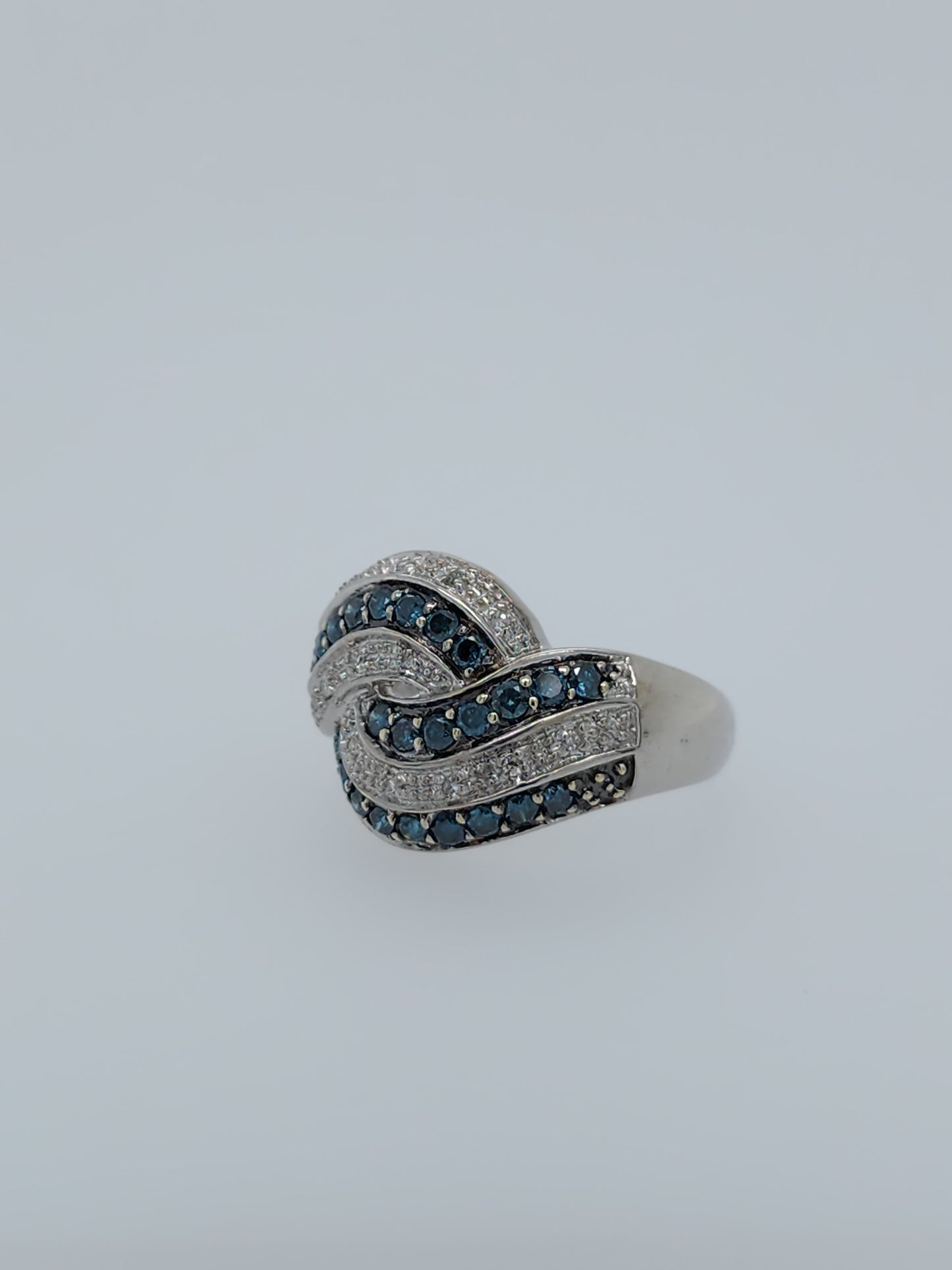 14k White Gold Swirl Interlocking Waves Ring with Blue and White Diamonds - 0.50 Carat Total Weight, Size 7