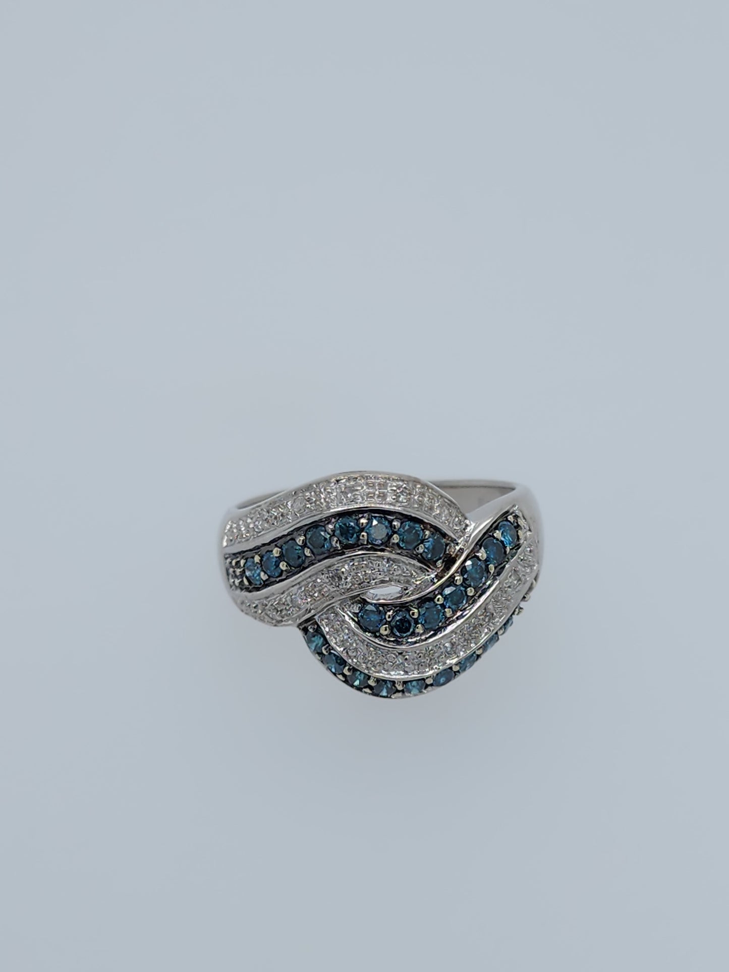 14k White Gold Swirl Interlocking Waves Ring with Blue and White Diamonds - 0.50 Carat Total Weight, Size 7