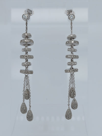 Radiant 14k White Gold Diamond Drop Earrings with 6 Diamond Discs and Diamond Drops – 2.4 Inches