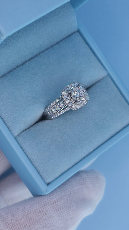 10k White Gold Diamond Cluster Engagement Ring – 1 Carat Total Weight, Cushion Double Halo, Three-Row Shank, Size 7