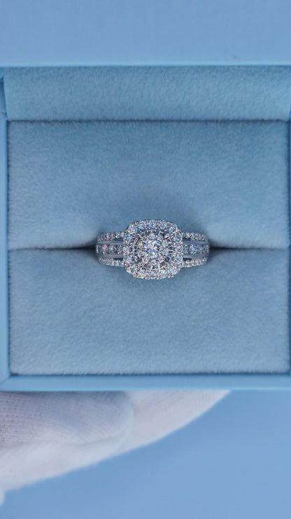 10k White Gold Diamond Cluster Engagement Ring – 1 Carat Total Weight, Cushion Double Halo, Three-Row Shank, Size 7
