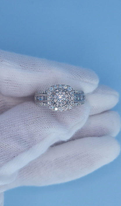 10k White Gold Diamond Cluster Engagement Ring – 1 Carat Total Weight, Cushion Double Halo, Three-Row Shank, Size 7