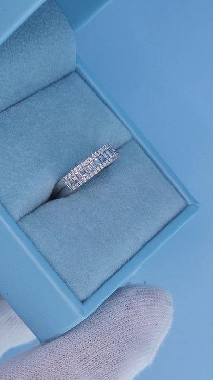 18k White Gold Three-Row Diamond Band Ring – 0.75 Ct, Baguette & Round Diamonds, Size 5