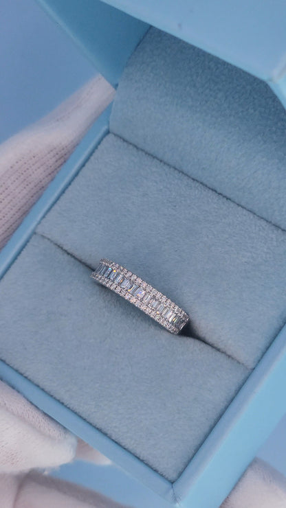 18k White Gold Three-Row Diamond Band Ring – 0.75 Ct, Baguette & Round Diamonds, Size 5