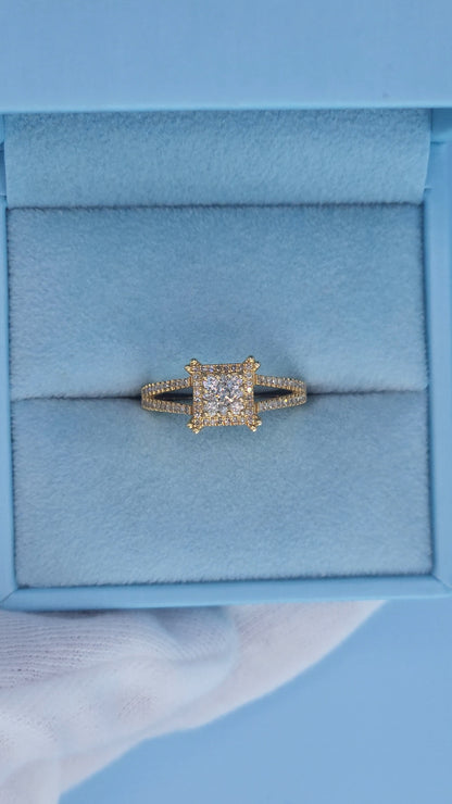 14k Yellow Gold Diamond Cluster Halo Ring – Split Shank Design, 0.75 Carat Total, Princess-Style Look, Size 7.5