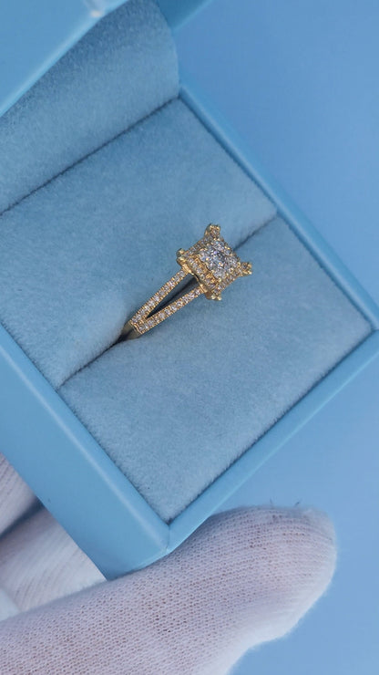14k Yellow Gold Diamond Cluster Halo Ring – Split Shank Design, 0.75 Carat Total, Princess-Style Look, Size 7.5