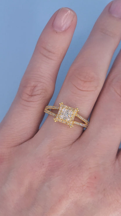 14k Yellow Gold Diamond Cluster Halo Ring – Split Shank Design, 0.75 Carat Total, Princess-Style Look, Size 7.5