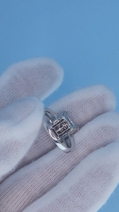 14k White Gold Diamond Cluster Ring | Princess Cut Illusion Center, Split Shank Halo Design, 0.60 CTW, Size 7