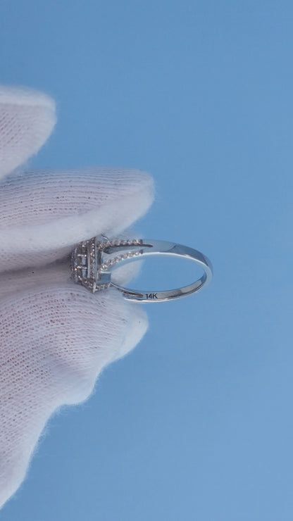 14k White Gold Diamond Cluster Ring | Princess Cut Illusion Center, Split Shank Halo Design, 0.60 CTW, Size 7