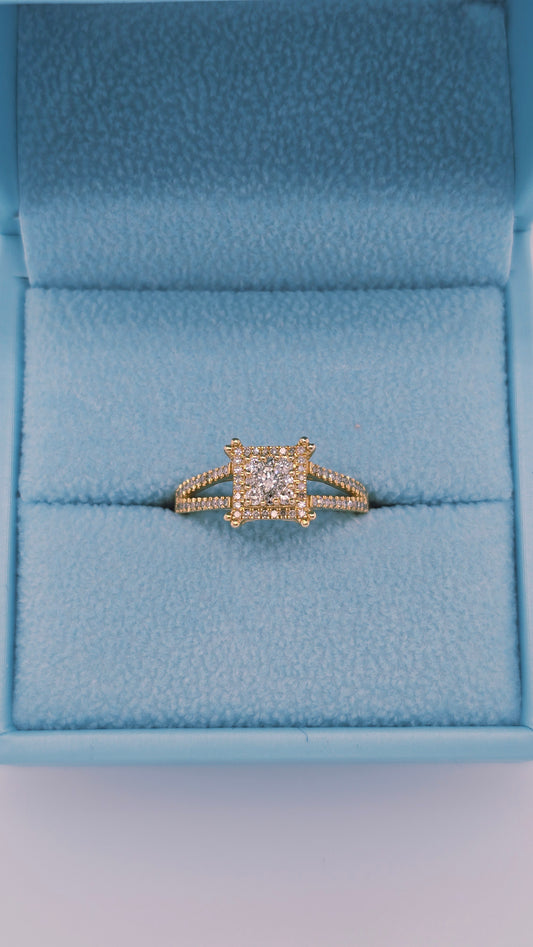 14k yellow gold diamond cluster ring with square halo, split shank design, 0.75 carat total diamond weight, size 7.5, princess-cut illusion.
