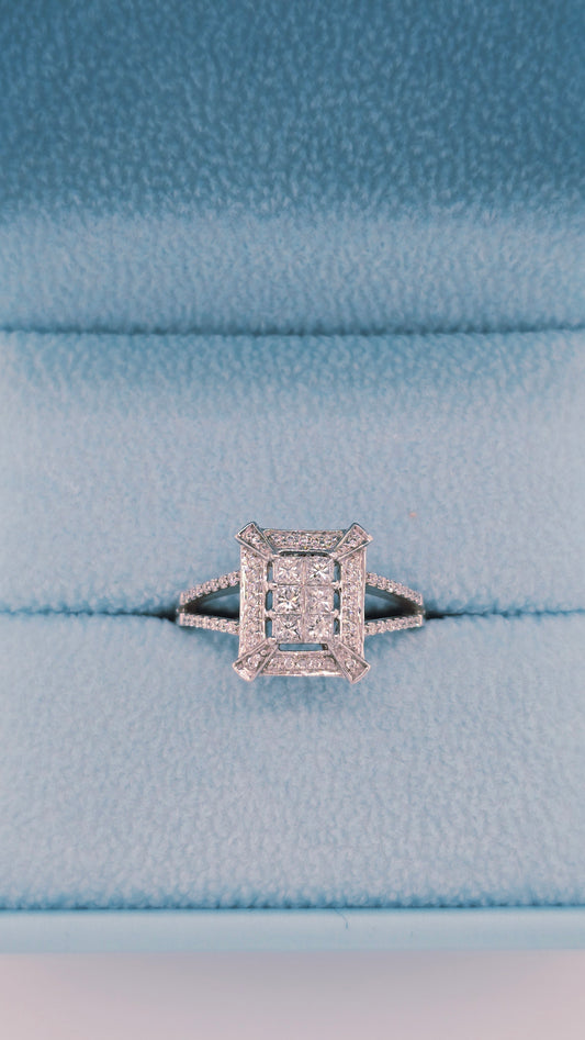 14k White Gold Diamond Cluster Ring | Princess Cut Illusion Center, Split Shank Halo Design, 0.60 CTW, Size 7