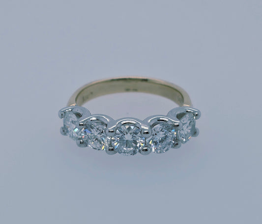 14k Two-Tone Gold Five Stone Natural Diamond Band Ring | 2.30 Carat TW Genuine Diamonds, White & Yellow Gold, Shared Prongs Setting, Size 6.5