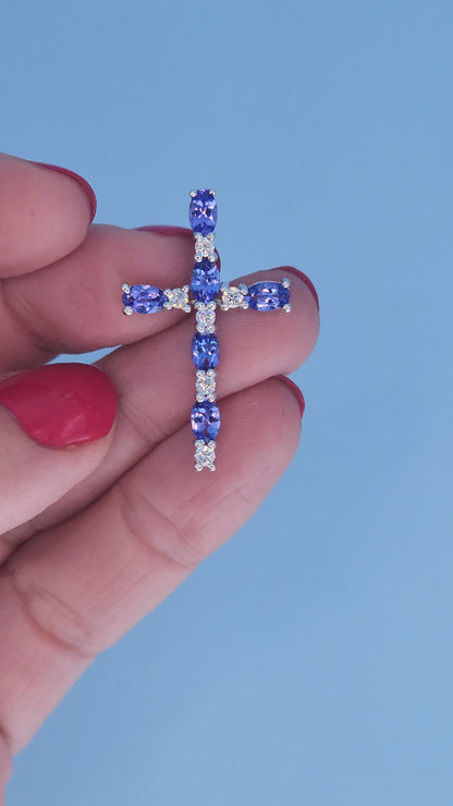 Effy 14k White Gold Tanzanite and Diamond Cross Pendant Necklace – 1.20 CTW Tanzanite, 0.20 CTW Diamond, 18" Chain