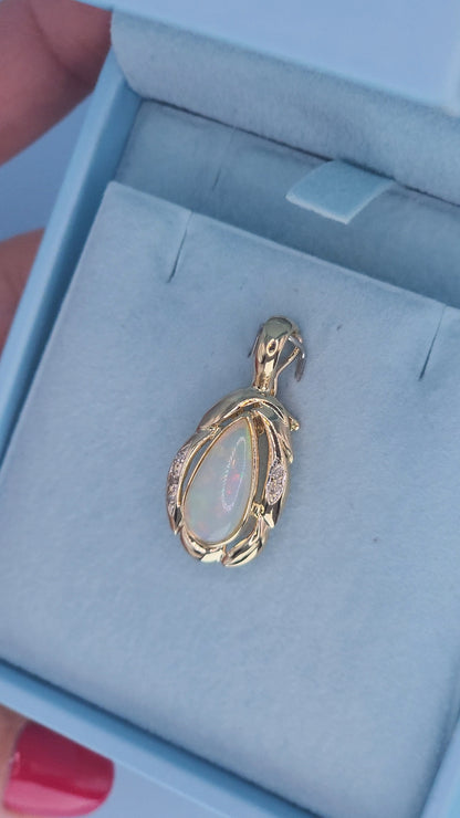 14k Yellow Gold Freeform Pendant with Cabochon Pear Opal & Diamond Accents – Omega Chain Compatible