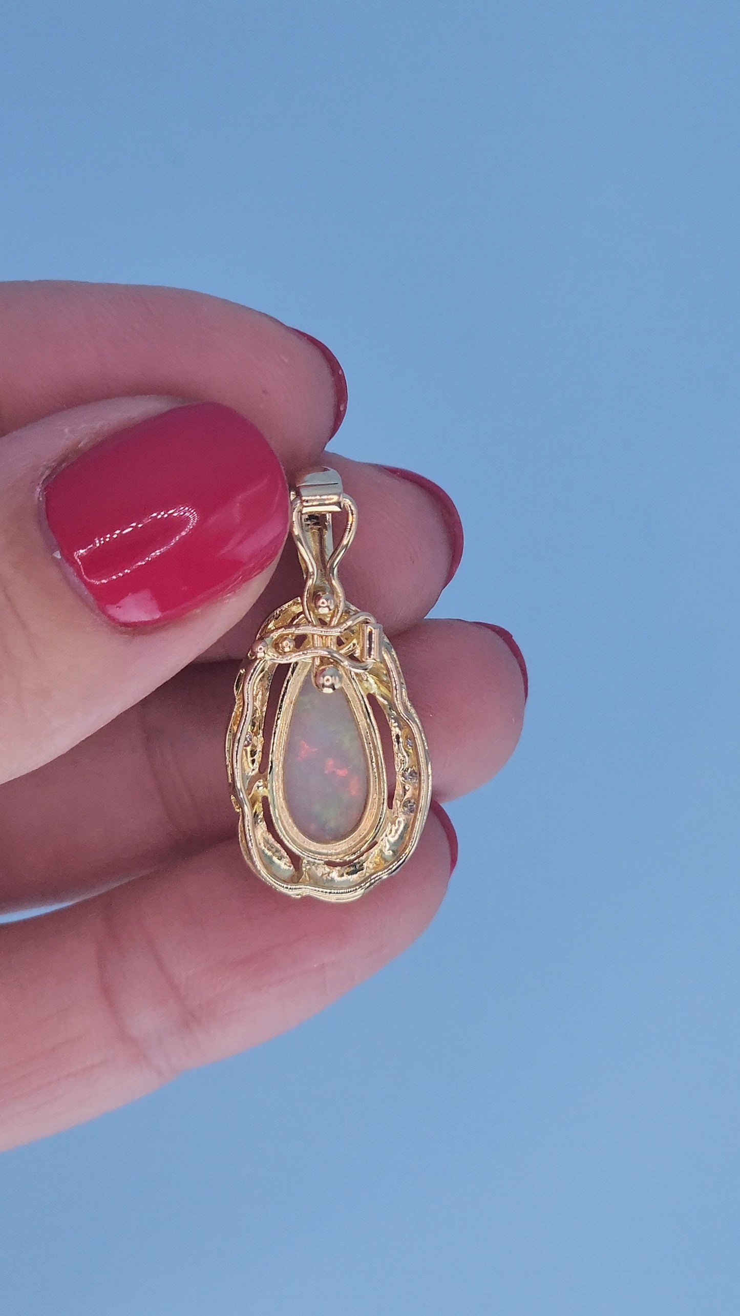 14k Yellow Gold Freeform Pendant with Cabochon Pear Opal & Diamond Accents – Omega Chain Compatible