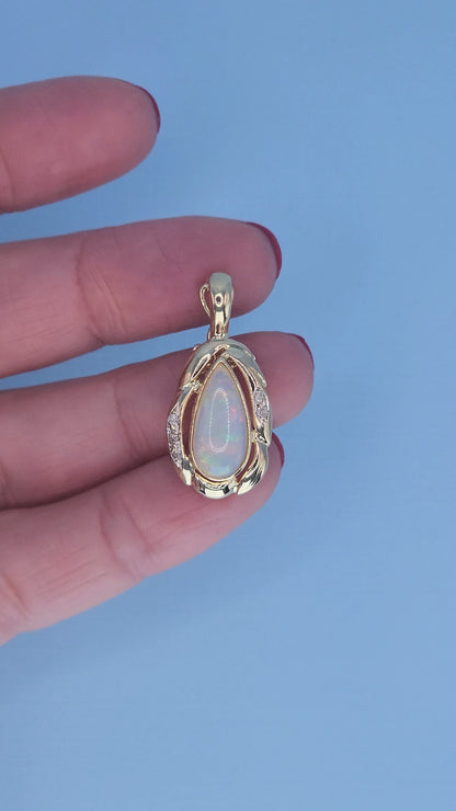 14k Yellow Gold Freeform Pendant with Cabochon Pear Opal & Diamond Accents – Omega Chain Compatible
