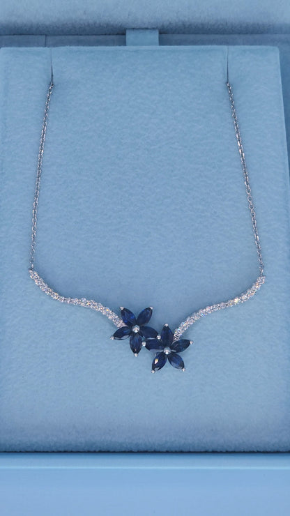 14k White Gold Sapphire and Diamond Flower Necklace – Marquise Sapphire Double Bloom with Diamond Stems, 18" Toi et Moi Style
