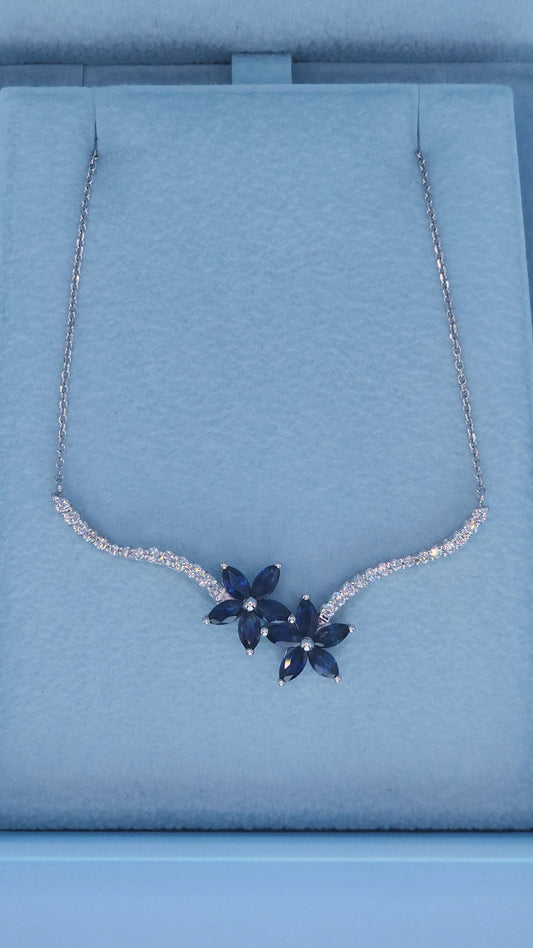 14k White Gold Sapphire and Diamond Flower Necklace – Marquise Sapphire Double Bloom with Diamond Stems, 18" Toi et Moi Style