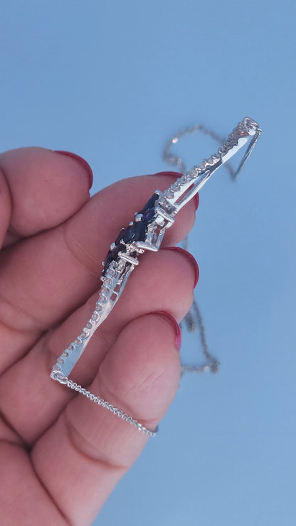 14k White Gold Sapphire and Diamond Flower Necklace – Marquise Sapphire Double Bloom with Diamond Stems, 18" Toi et Moi Style