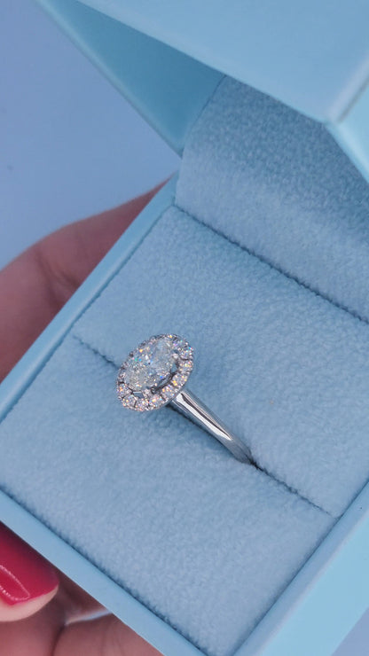 1.00 Carat Oval Diamond Halo Engagement Ring in 14k White Gold – GSI Certified