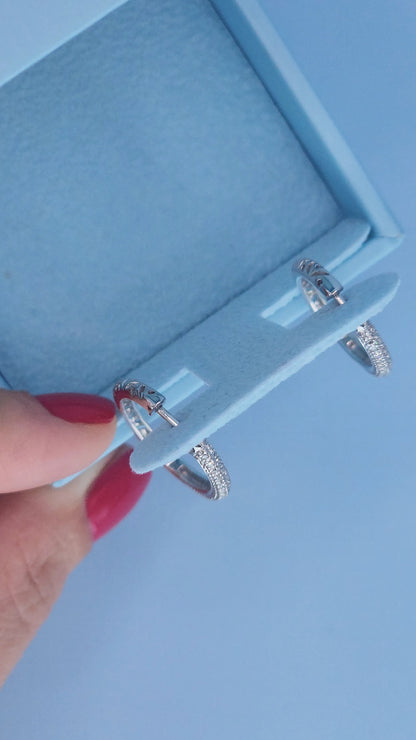 14k White Gold Oval Diamond Hoop Earrings | Double Row Pave Set, 0.40 CTW, Elegant 1.15" Drop