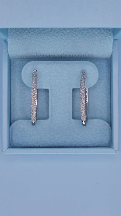 14k White Gold Oval Diamond Hoop Earrings | Double Row Pave Set, 0.40 CTW, Elegant 1.15" Drop