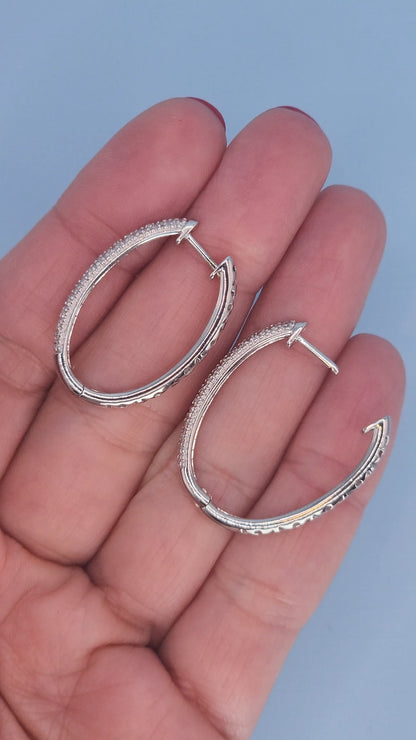 14k White Gold Oval Diamond Hoop Earrings | Double Row Pave Set, 0.40 CTW, Elegant 1.15" Drop