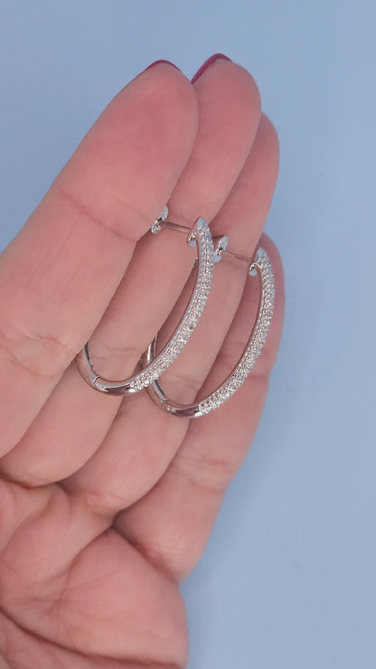 14k White Gold Oval Diamond Hoop Earrings | Double Row Pave Set, 0.40 CTW, Elegant 1.15" Drop