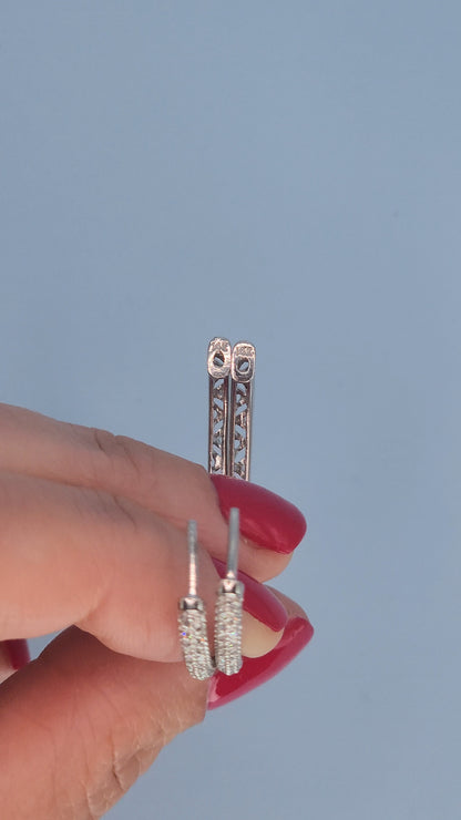 14k White Gold Oval Diamond Hoop Earrings | Double Row Pave Set, 0.40 CTW, Elegant 1.15" Drop