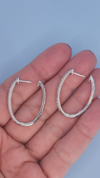 14k White Gold Oval Diamond Hoop Earrings | Double Row Pave Set, 0.40 CTW, Elegant 1.15" Drop