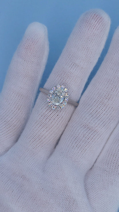 1.00 Carat Oval Diamond Halo Engagement Ring in 14k White Gold – GSI Certified