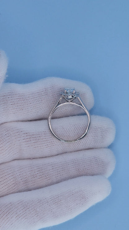1.00 Carat Oval Diamond Halo Engagement Ring in 14k White Gold – GSI Certified