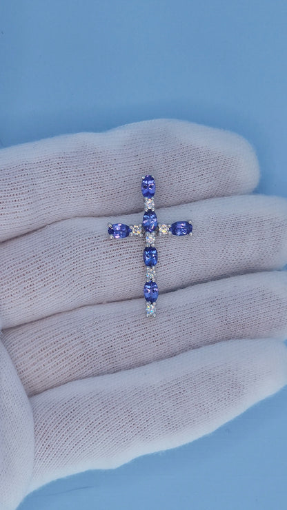 Effy 14k White Gold Tanzanite and Diamond Cross Pendant Necklace – 1.20 CTW Tanzanite, 0.20 CTW Diamond, 18" Chain