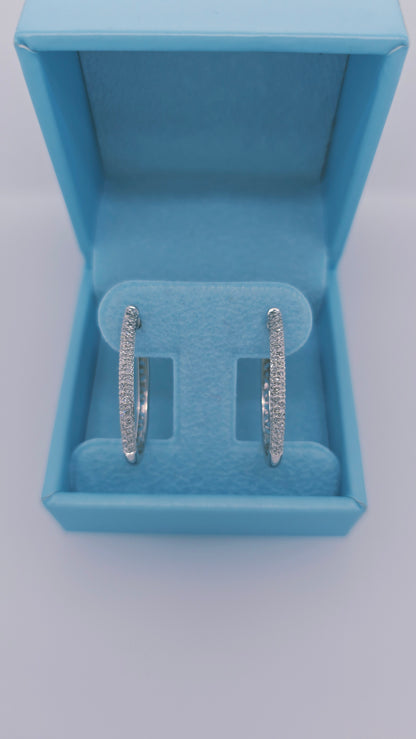14k White Gold Oval Diamond Hoop Earrings | Double Row Pave Set, 0.40 CTW, Elegant 1.15" Drop