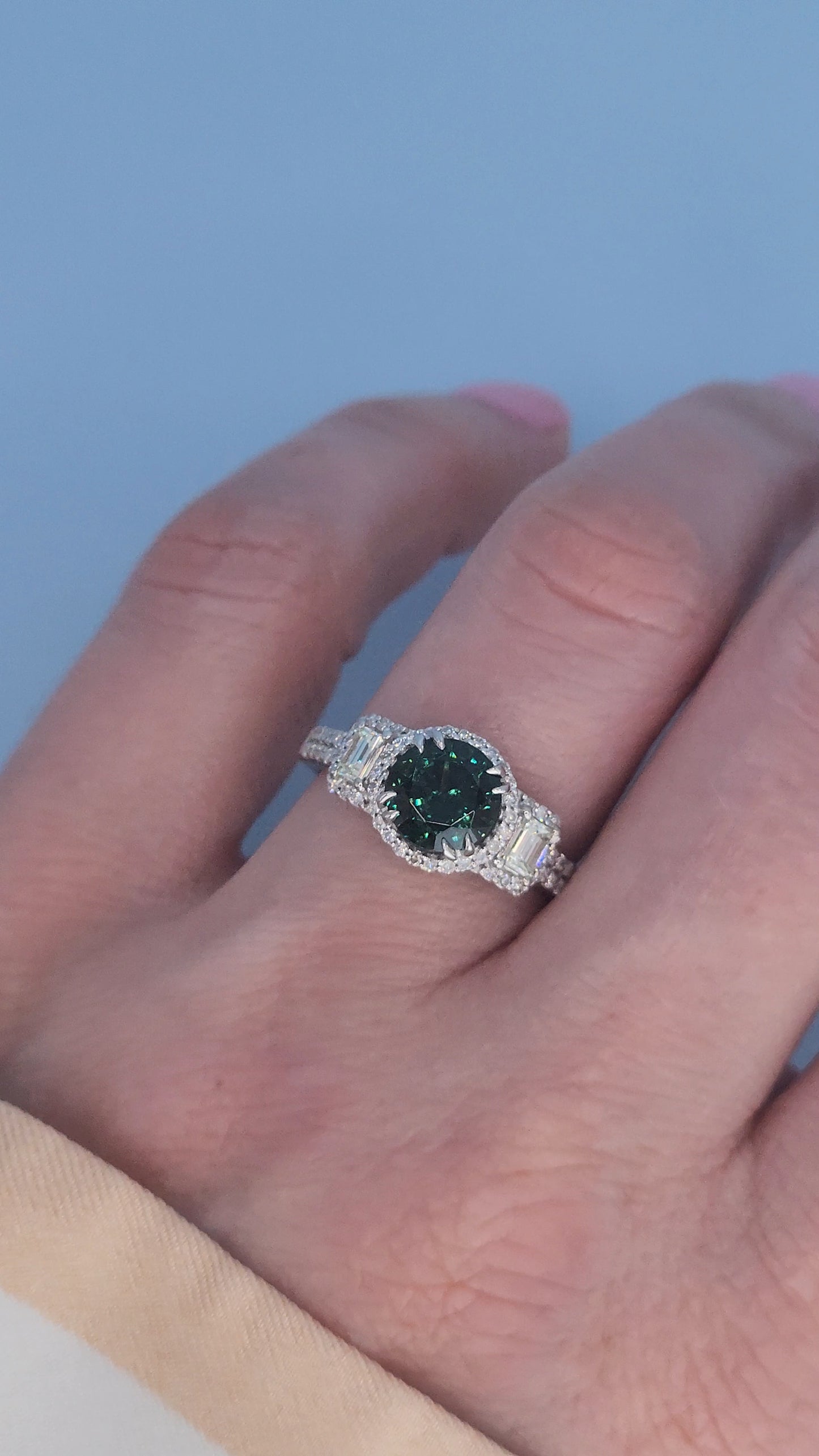 14k White Gold Tourmaline and Diamond Halo Ring – 1.40 Ct Green-Blue Tourmaline with Baguette Accents, Past Present Future Design, Size 6.5
