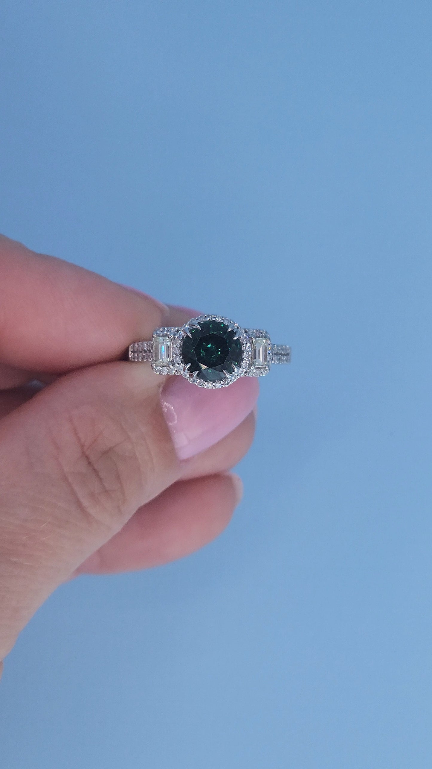 14k White Gold Tourmaline and Diamond Halo Ring – 1.40 Ct Green-Blue Tourmaline with Baguette Accents, Past Present Future Design, Size 6.5