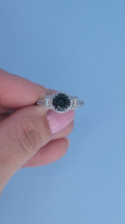 14k White Gold Tourmaline and Diamond Halo Ring – 1.40 Ct Green-Blue Tourmaline with Baguette Accents, Past Present Future Design, Size 6.5