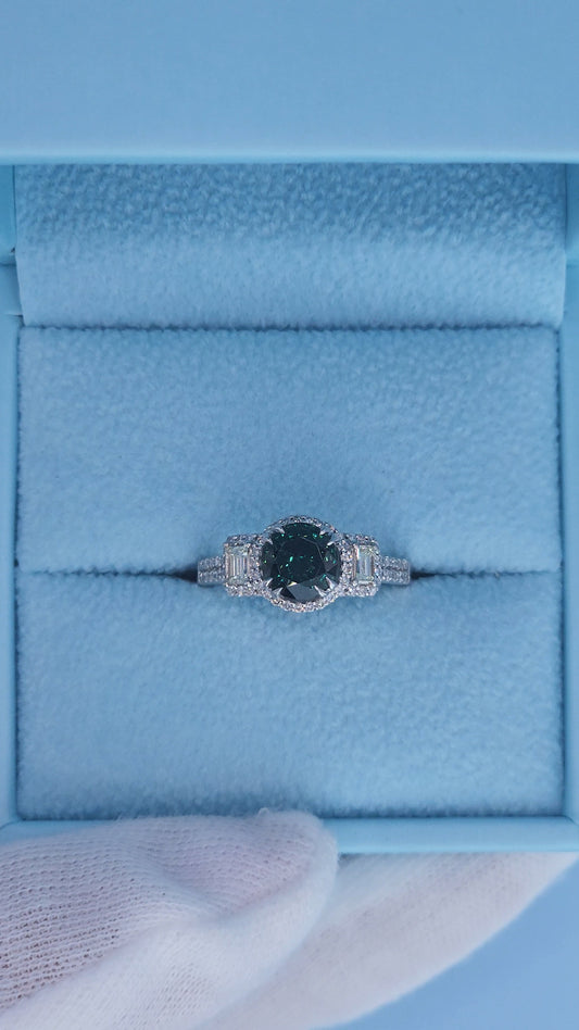 14k White Gold Tourmaline and Diamond Halo Ring – 1.40 Ct Green-Blue Tourmaline with Baguette Accents, Past Present Future Design, Size 6.5