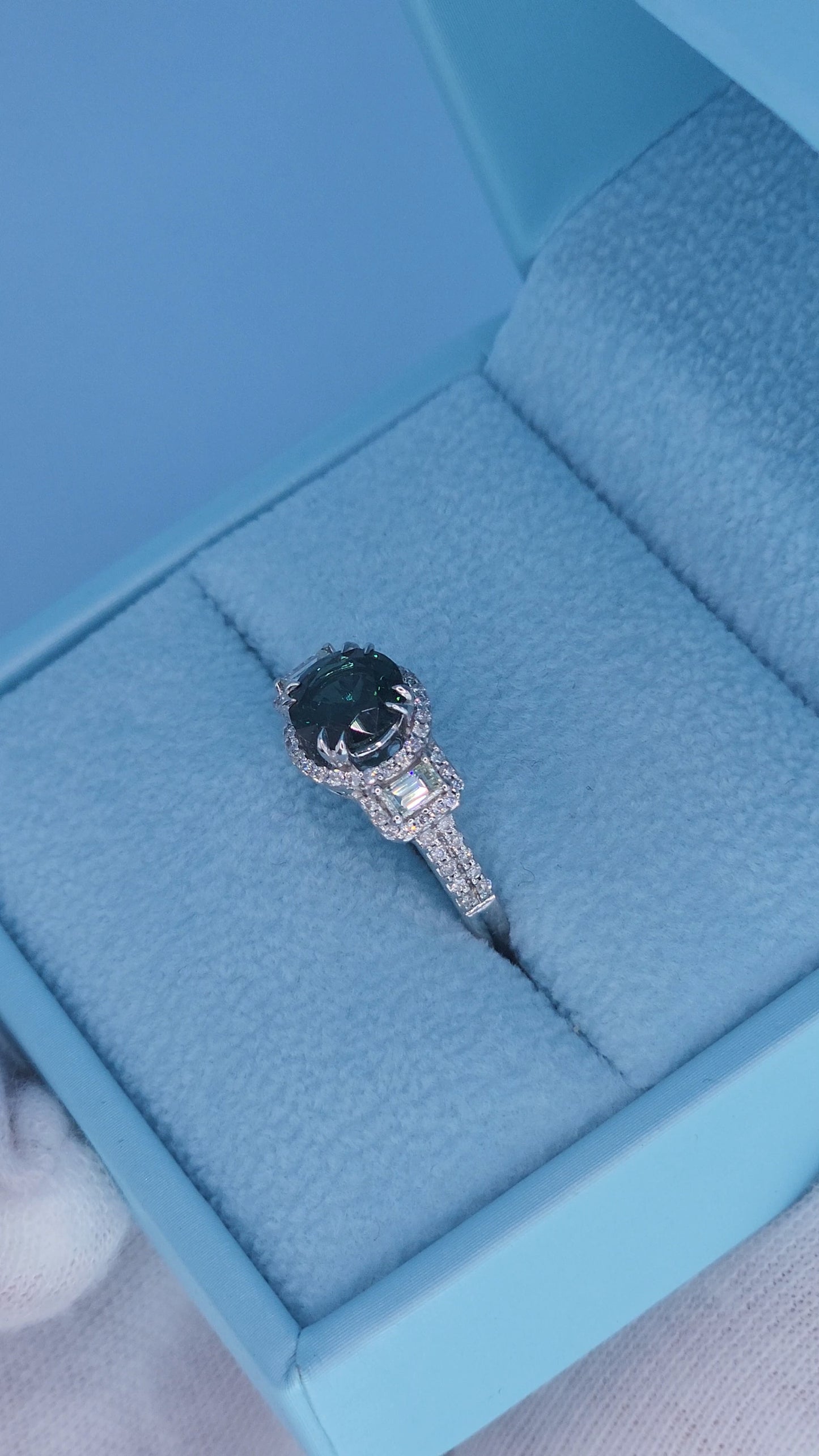 14k White Gold Tourmaline and Diamond Halo Ring – 1.40 Ct Green-Blue Tourmaline with Baguette Accents, Past Present Future Design, Size 6.5