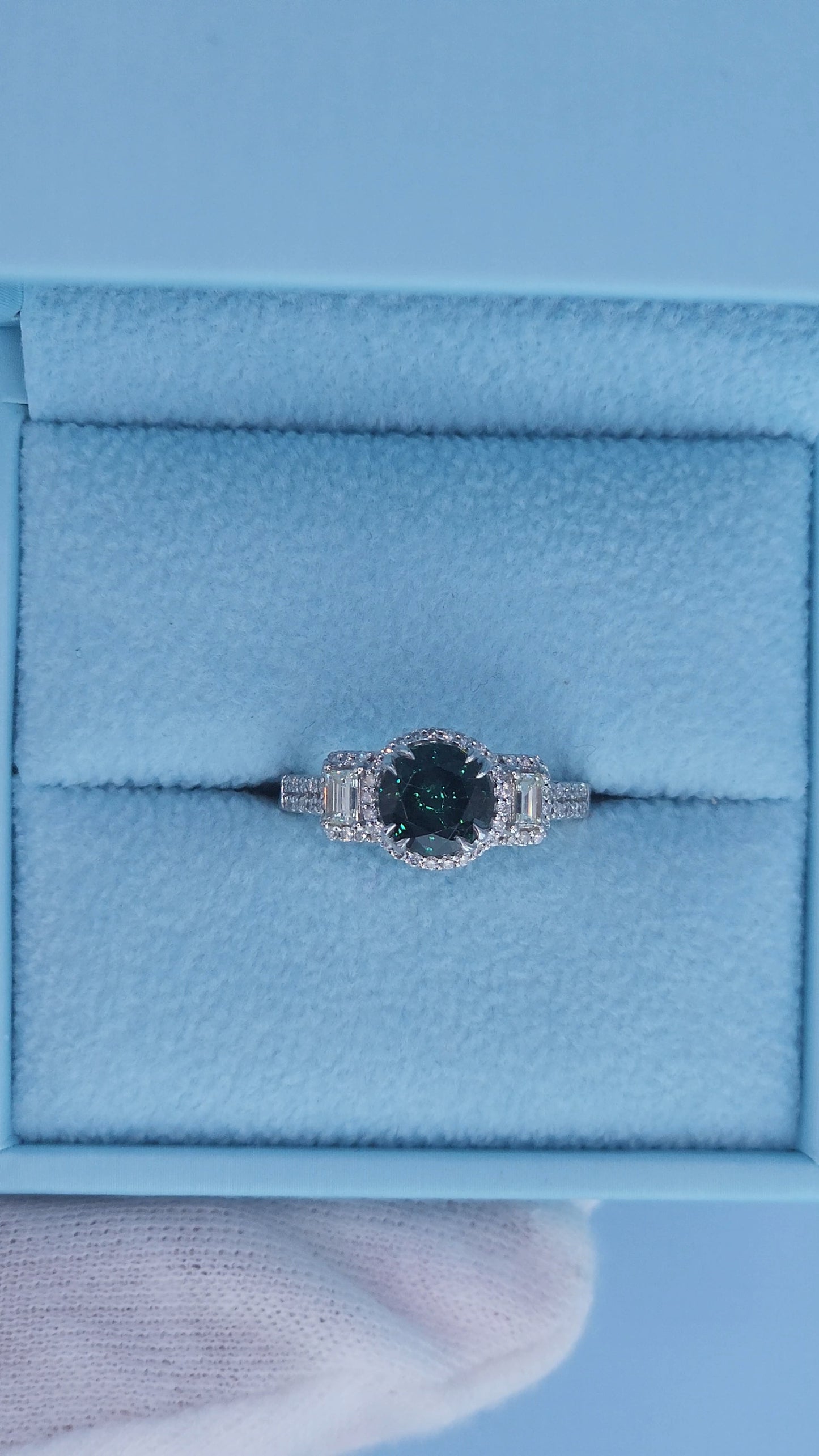 14k White Gold Tourmaline and Diamond Halo Ring – 1.40 Ct Green-Blue Tourmaline with Baguette Accents, Past Present Future Design, Size 6.5