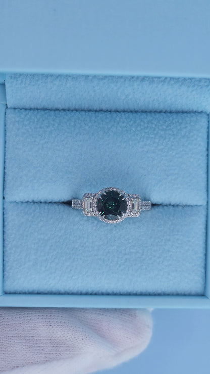 14k White Gold Tourmaline and Diamond Halo Ring – 1.40 Ct Green-Blue Tourmaline with Baguette Accents, Past Present Future Design, Size 6.5