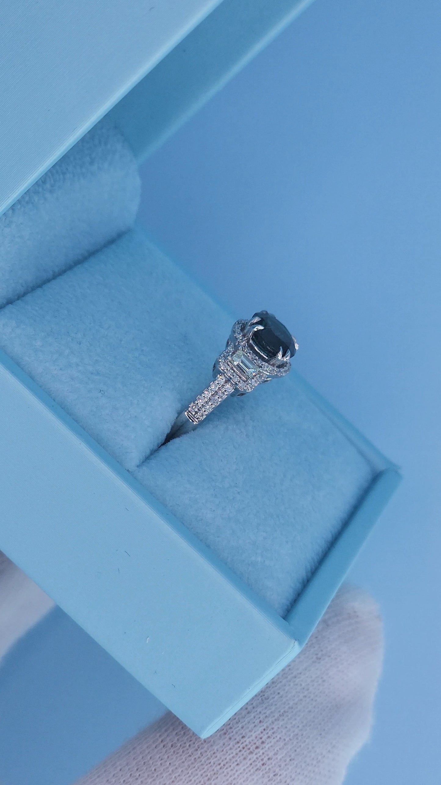 14k White Gold Tourmaline and Diamond Halo Ring – 1.40 Ct Green-Blue Tourmaline with Baguette Accents, Past Present Future Design, Size 6.5
