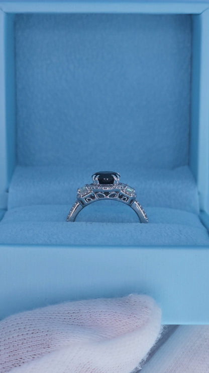 14k White Gold Tourmaline and Diamond Halo Ring – 1.40 Ct Green-Blue Tourmaline with Baguette Accents, Past Present Future Design, Size 6.5
