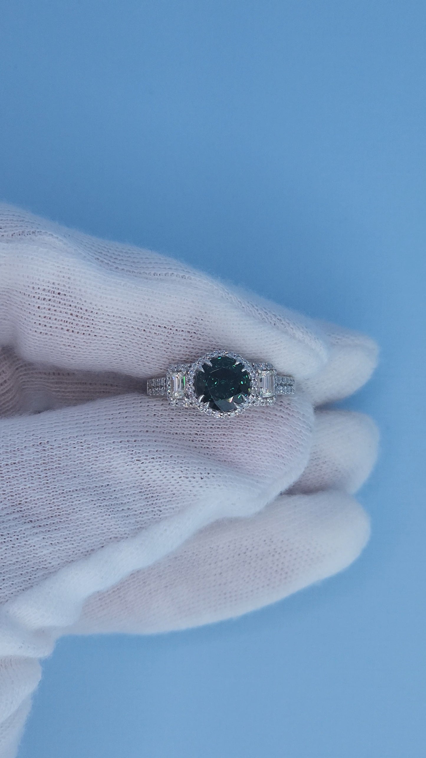 14k White Gold Tourmaline and Diamond Halo Ring – 1.40 Ct Green-Blue Tourmaline with Baguette Accents, Past Present Future Design, Size 6.5